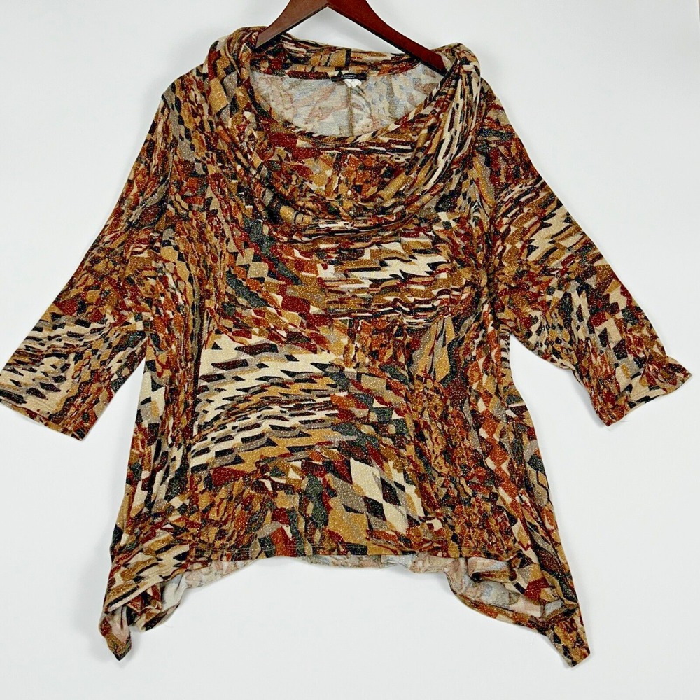 Cocomo Womanโ Tunic Size 2X Marbled Art Metallic Shimmer Cowl Neck Angled Hem